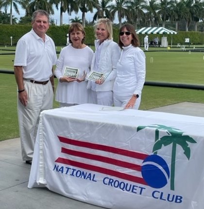  Alison Worthington won 2nd Flight and Marianne Davidson came in 2nd. L-R John Banister (National Croquet Club president), Marriane, Allison and Priscilla. 