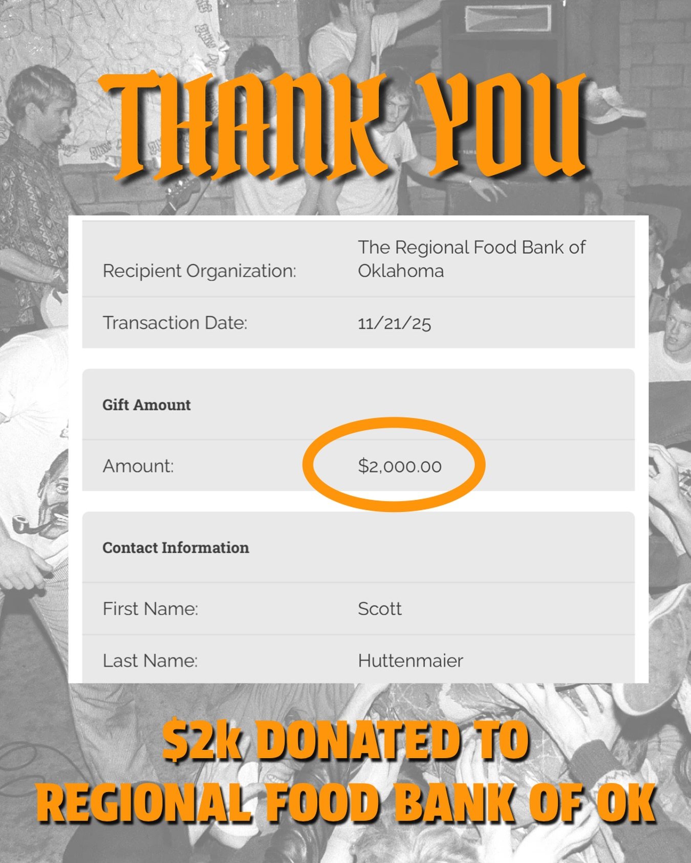 THANK YOU to everyone that preordered one of the &lsquo;Oklahoma Hardcore&rsquo; Hoodies, we are excited to announce that we were able to donated $2,000 to @rfbo &mdash; just in time for the holidays! 

Special thanks to our friends at @backroomprint
