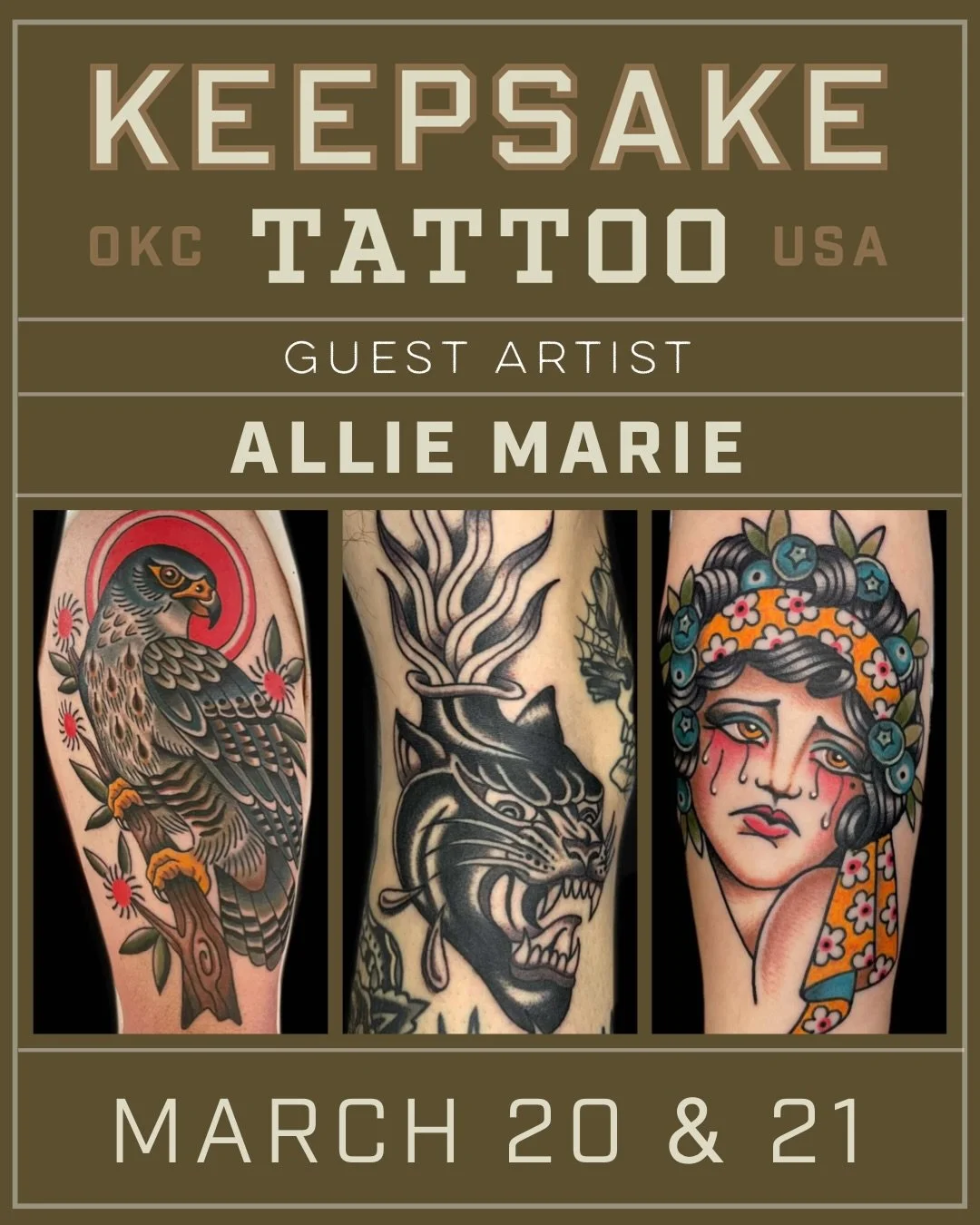 We are excited to welcome @alliemarietattoos to OKC on March 20th and 21st. Allie Marie will be joining us @keepsakeokc for two days only, so schedule your appointment now before you miss out! Please DM @alliemarietattoos directly to book, see you so