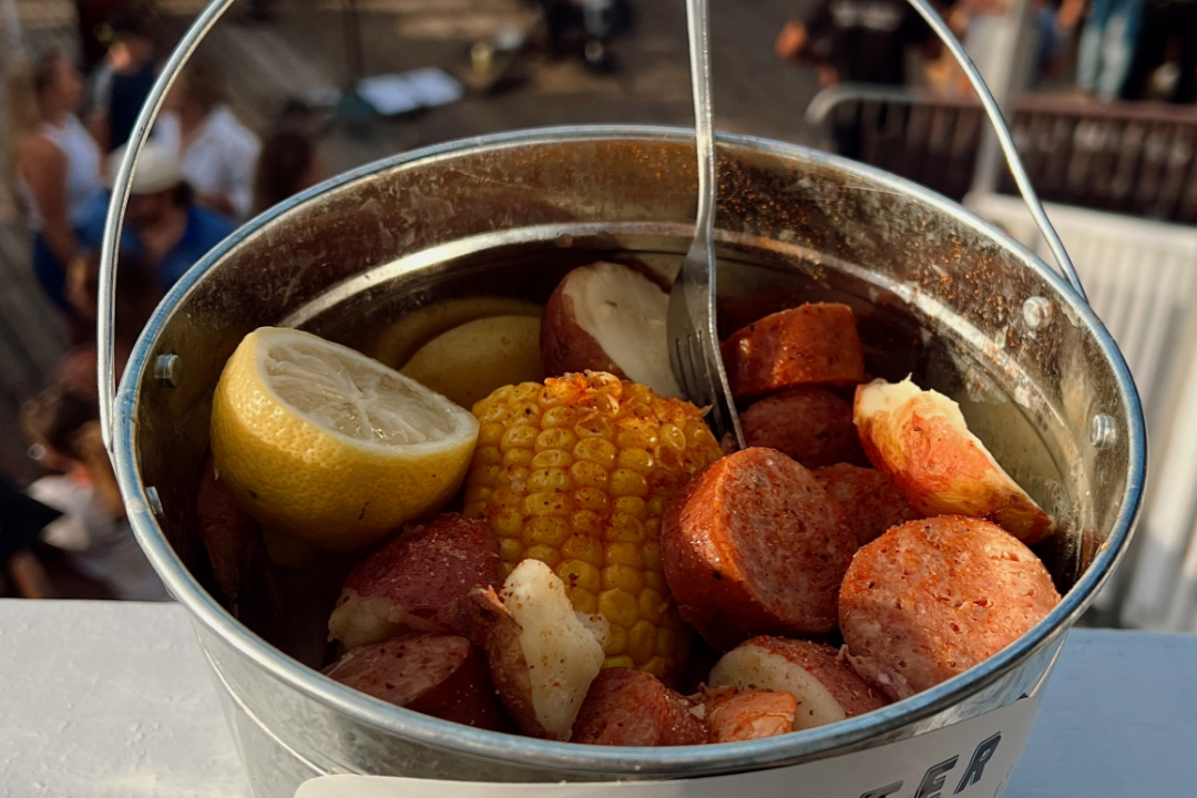 Lowcountry seafood boil in Charleston at Saltwater Cowboys waterfront outdoor dining restaurant