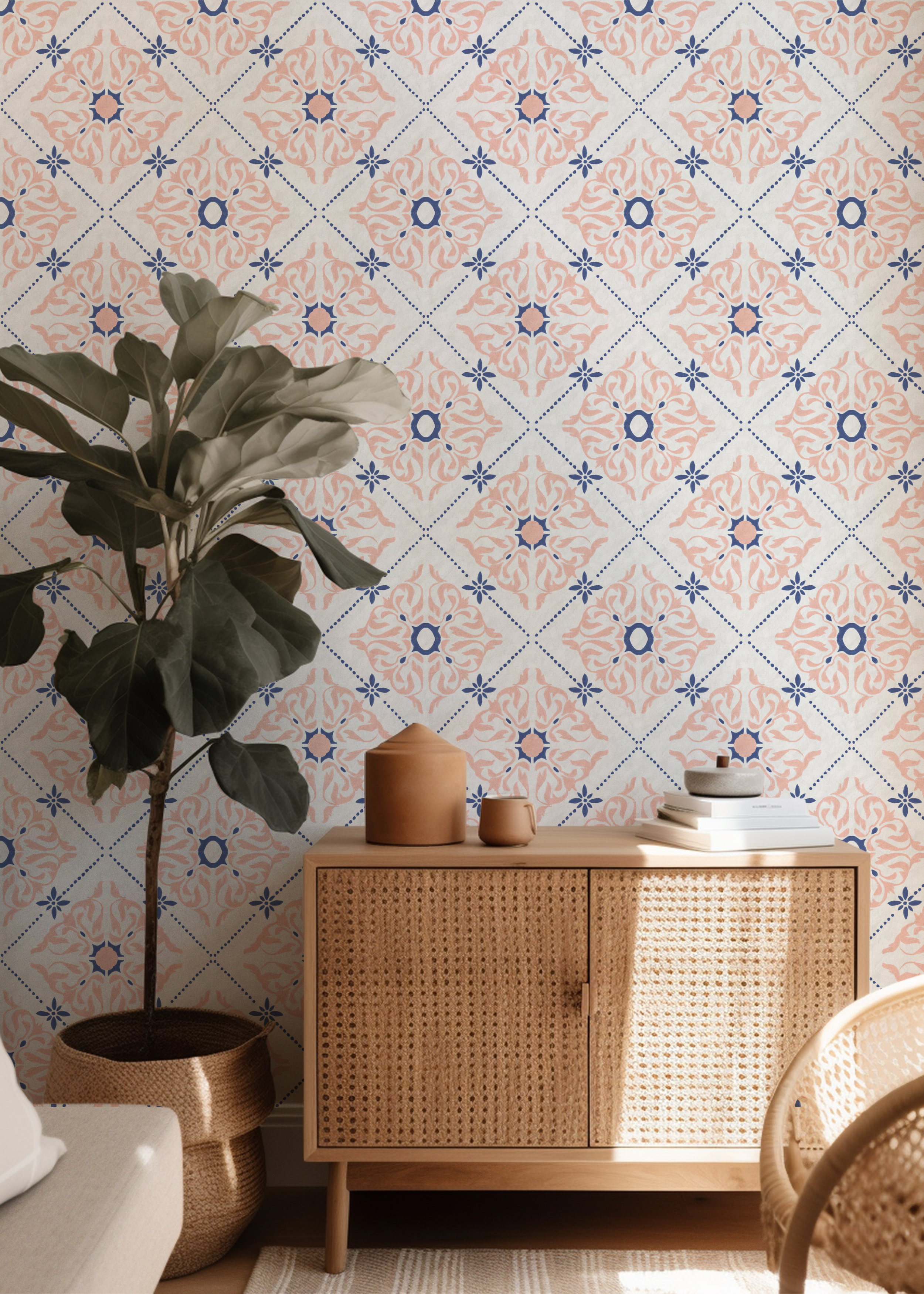 Original Portuguese tile inspired wallpaper featuring hand painted blush and blue watercolor motifs displayed in a warm, modern living room.