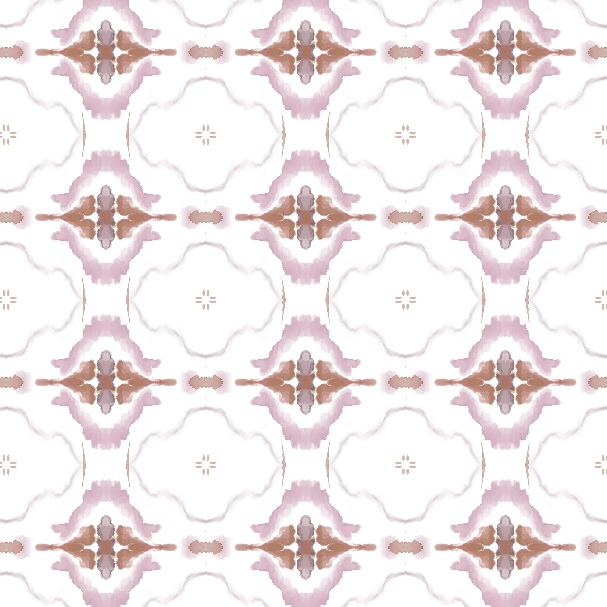 Original watercolor Portuguese inspired tile wallpaper featuring hand painted mauve and terracotta geometric motifs in a seamless repeating pattern.