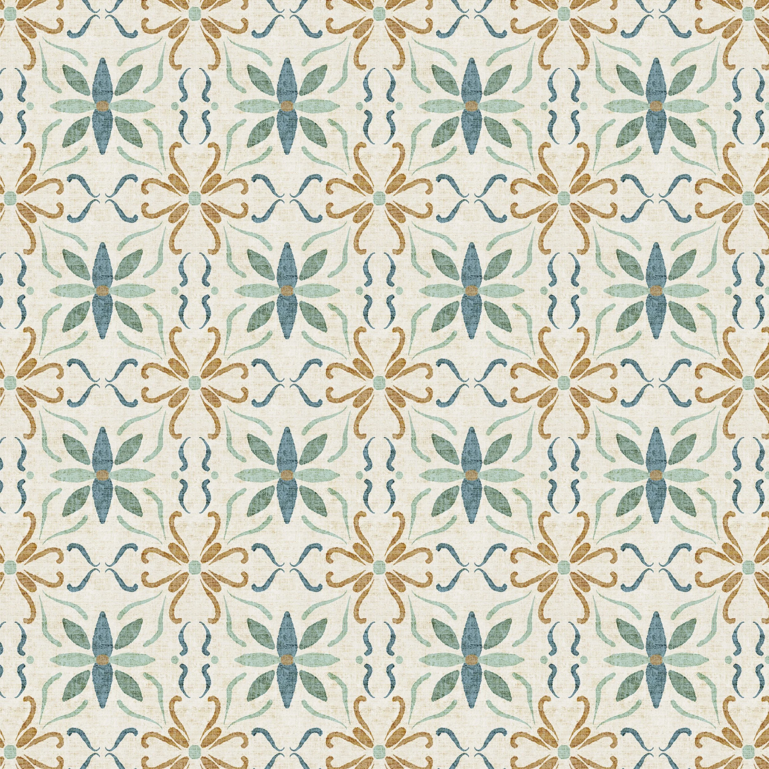 Hand painted watercolor floral tile pattern in soft blue, sage green, and warm ochre on a linen textured background. Mediterranean inspired geometric wallpaper and fabric design with a vintage ceramic tile look.