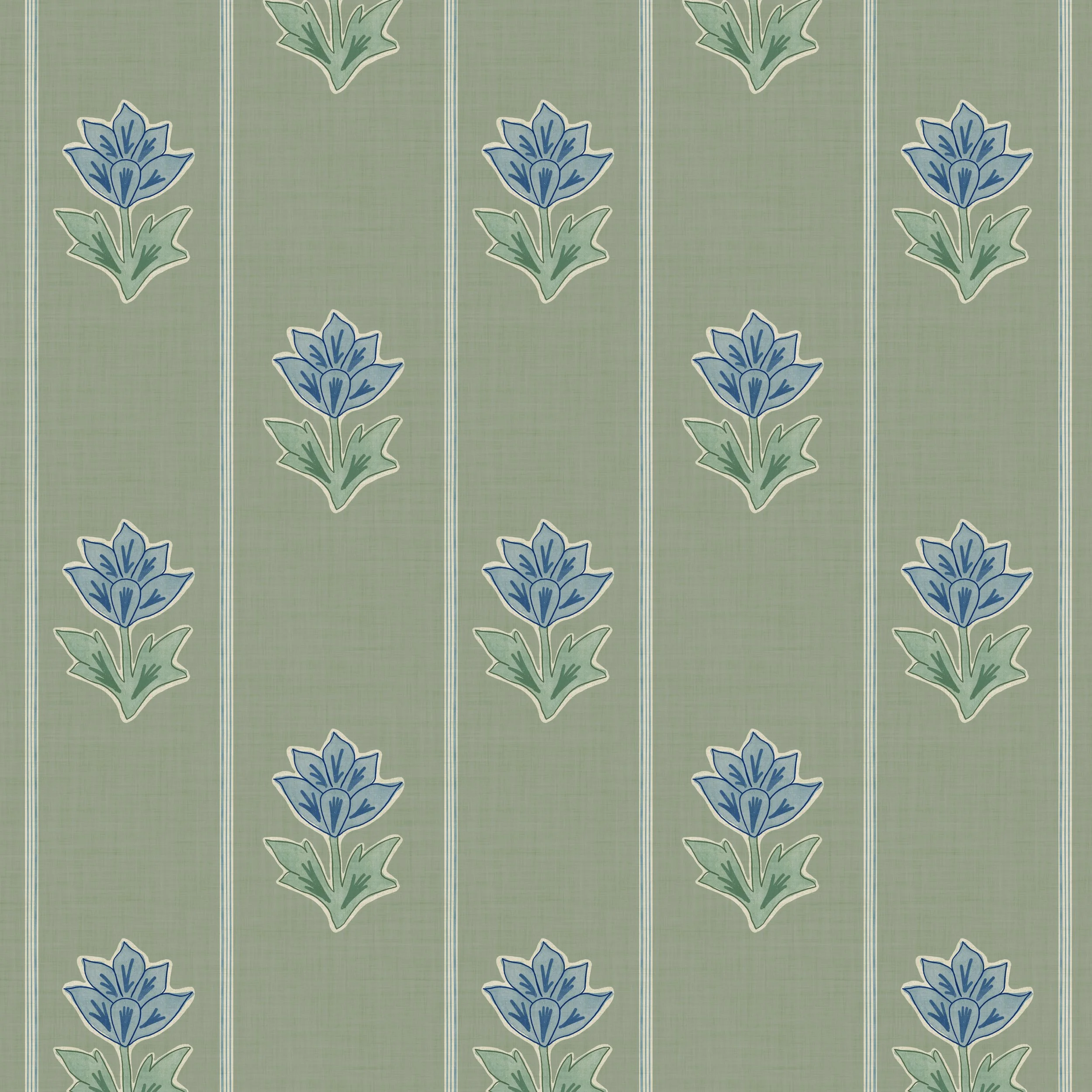 Sage Green Blue Vertical Striped Floral Block Print Vintage Cottagecore