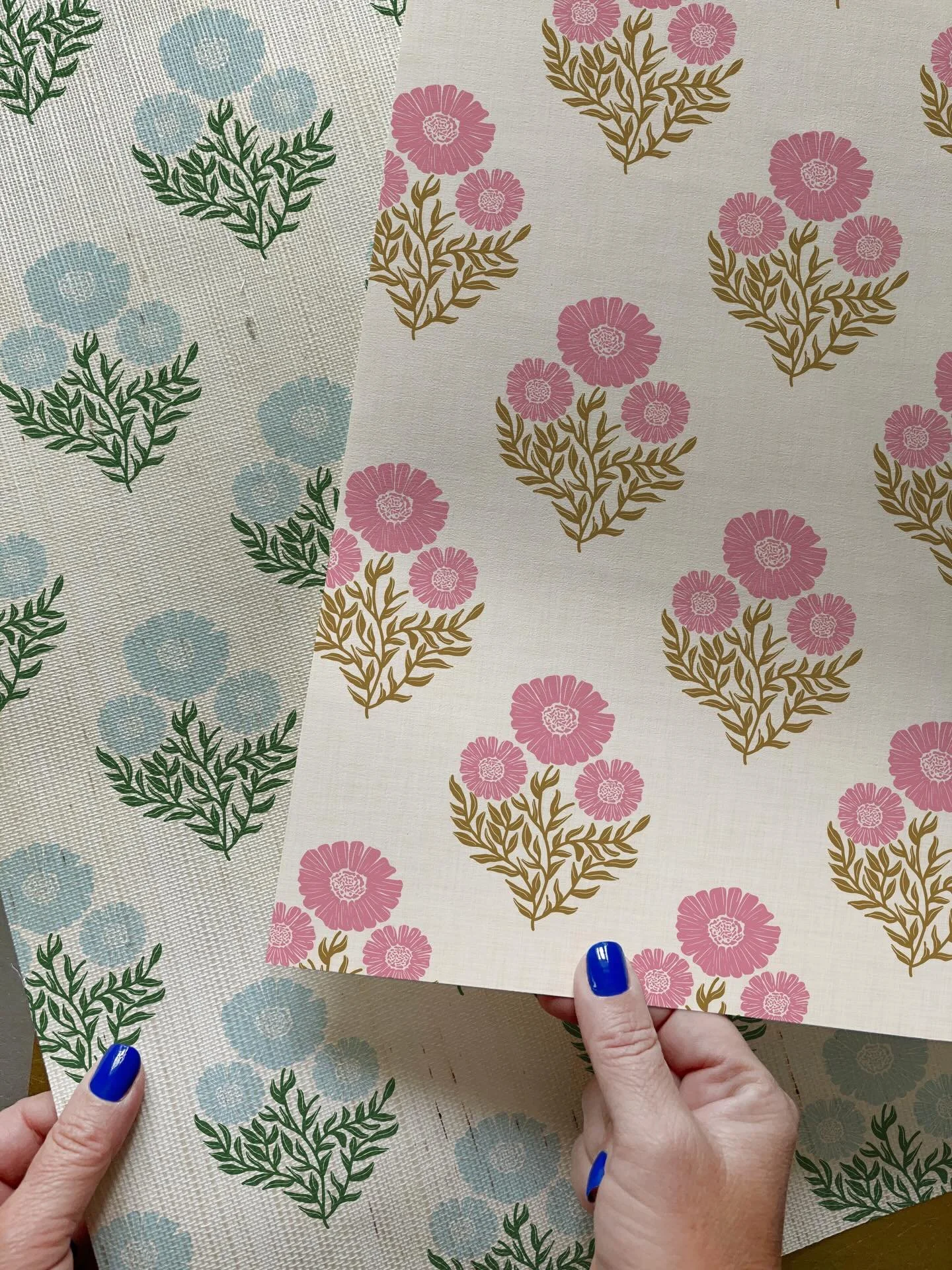 Cottage chic block print florals, done in a way that feels relaxed and livable. Nothing stiff. Nothing precious. Just patterns that settle into a space and feel right.

These work on walls, in bedrooms, kitchens, nurseries, and yes, as pieces you use