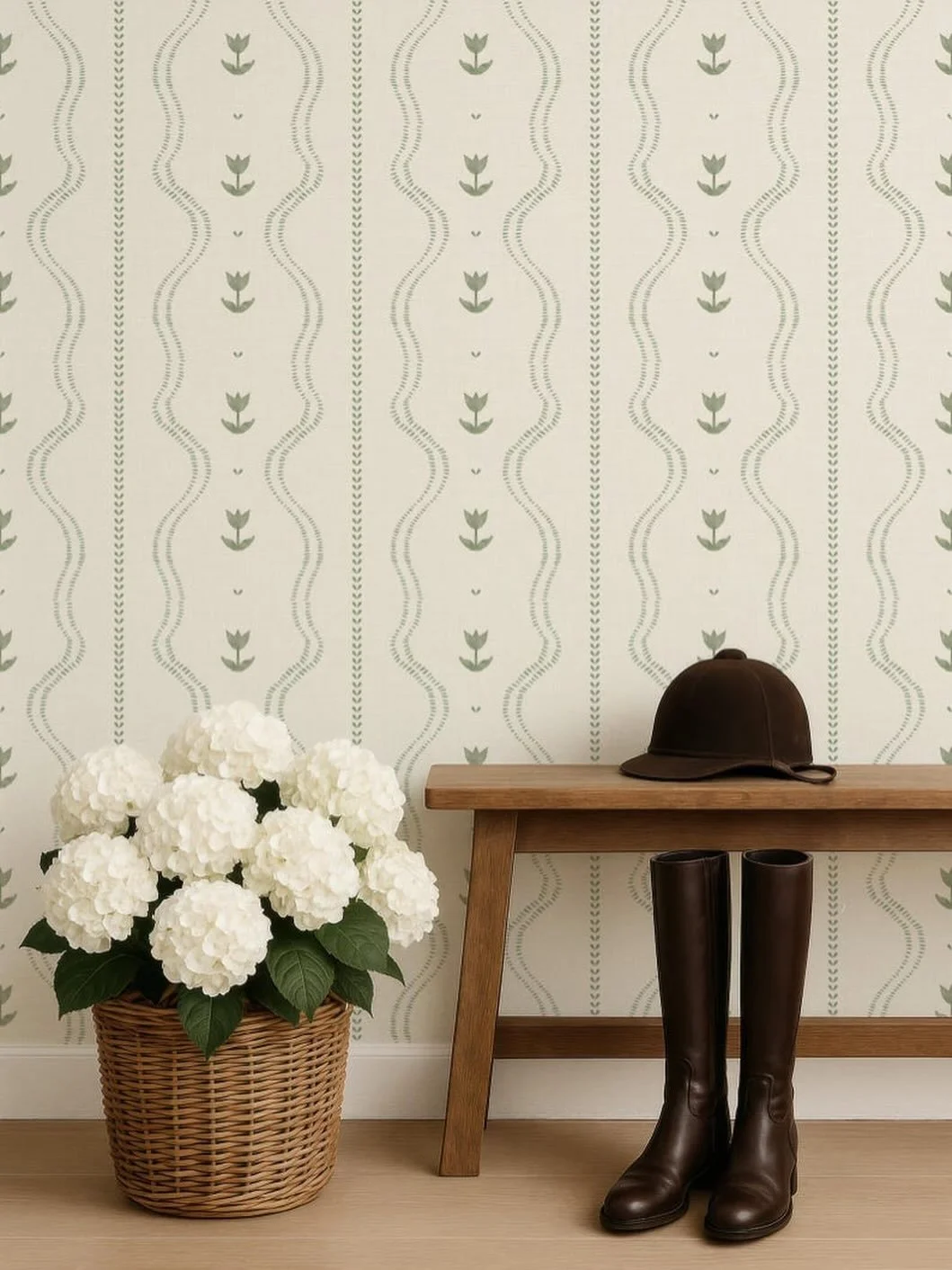 I didn&rsquo;t want this one to feel trendy. I wanted it to feel like something you&rsquo;d still love years from now. Soft sage, delicate tulips, and a stripe that adds just enough interest without being the focus. Available in my wallpaper shop. 

