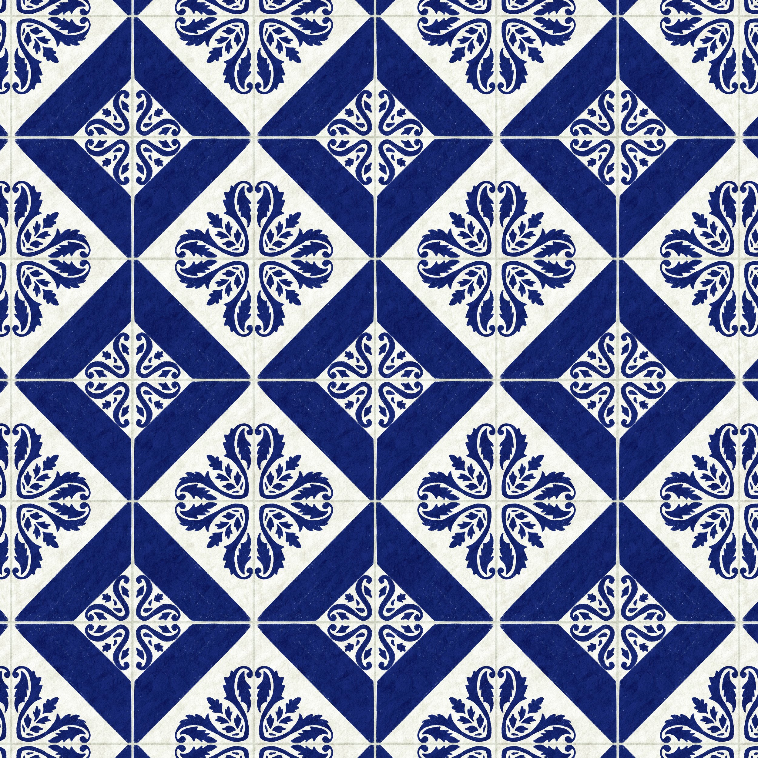 Original blue and white Portuguese tile wallpaper inspired by traditional hand painted azulejo ceramics in a classic geometric repeat.