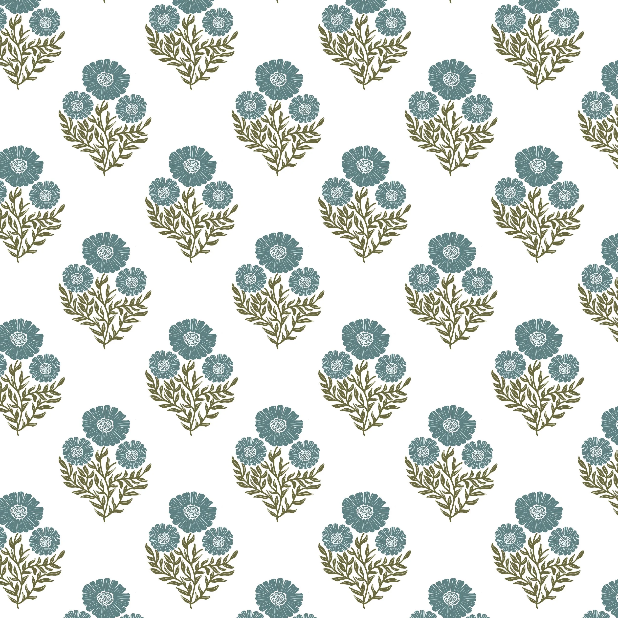 Steel Grey - Olive Green Wood Block Print Folk Floral Botanical Motif