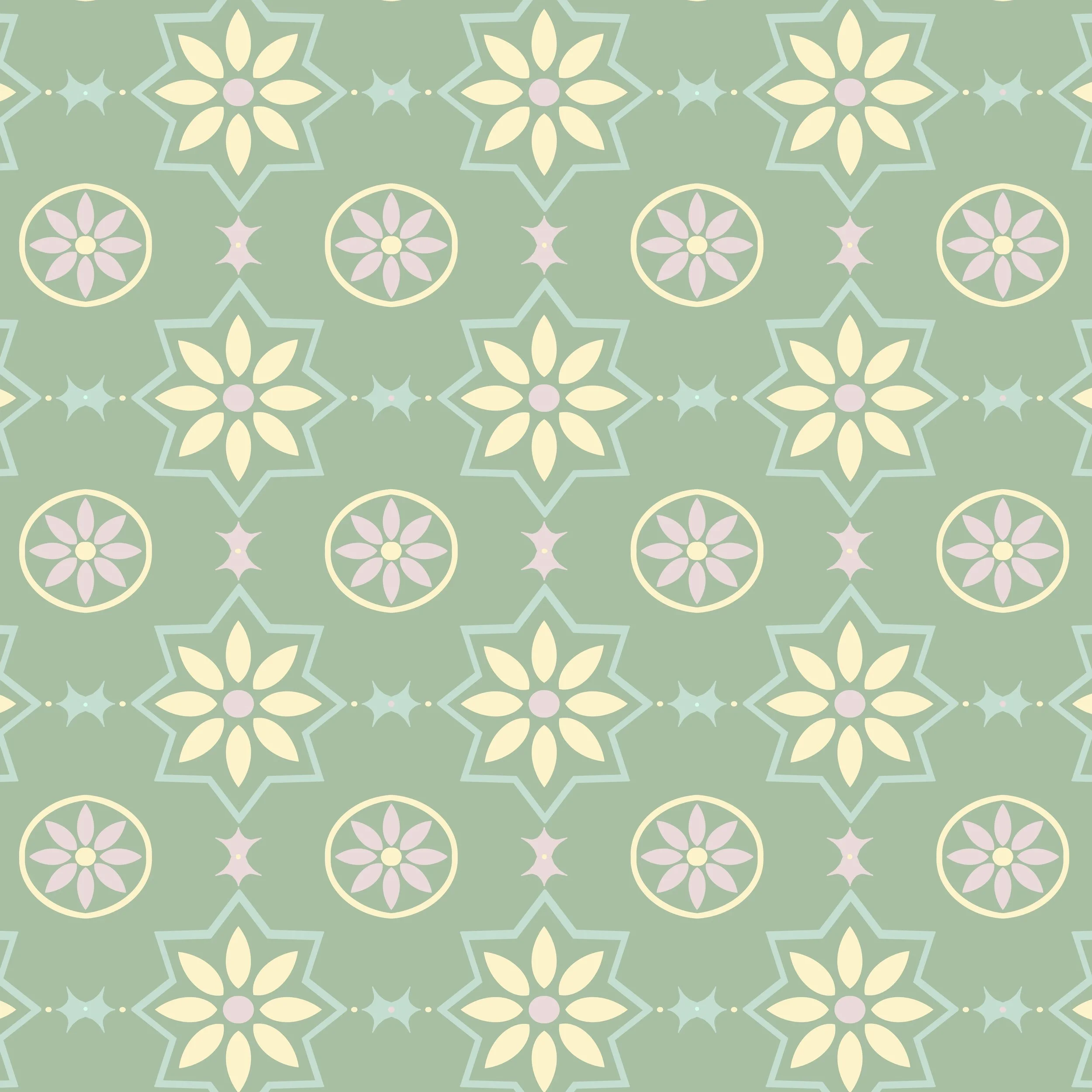 Original sage green tile wallpaper featuring hand painted Mediterranean inspired floral motifs in a geometric repeat.