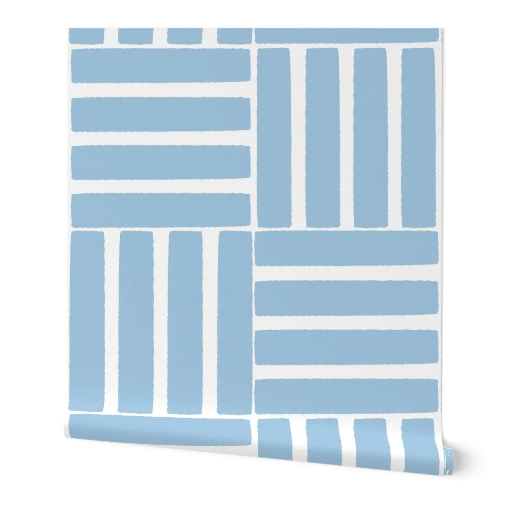 A roll of Sky Blue Stripe Checkered Grid Modern Japandi Wallpaper