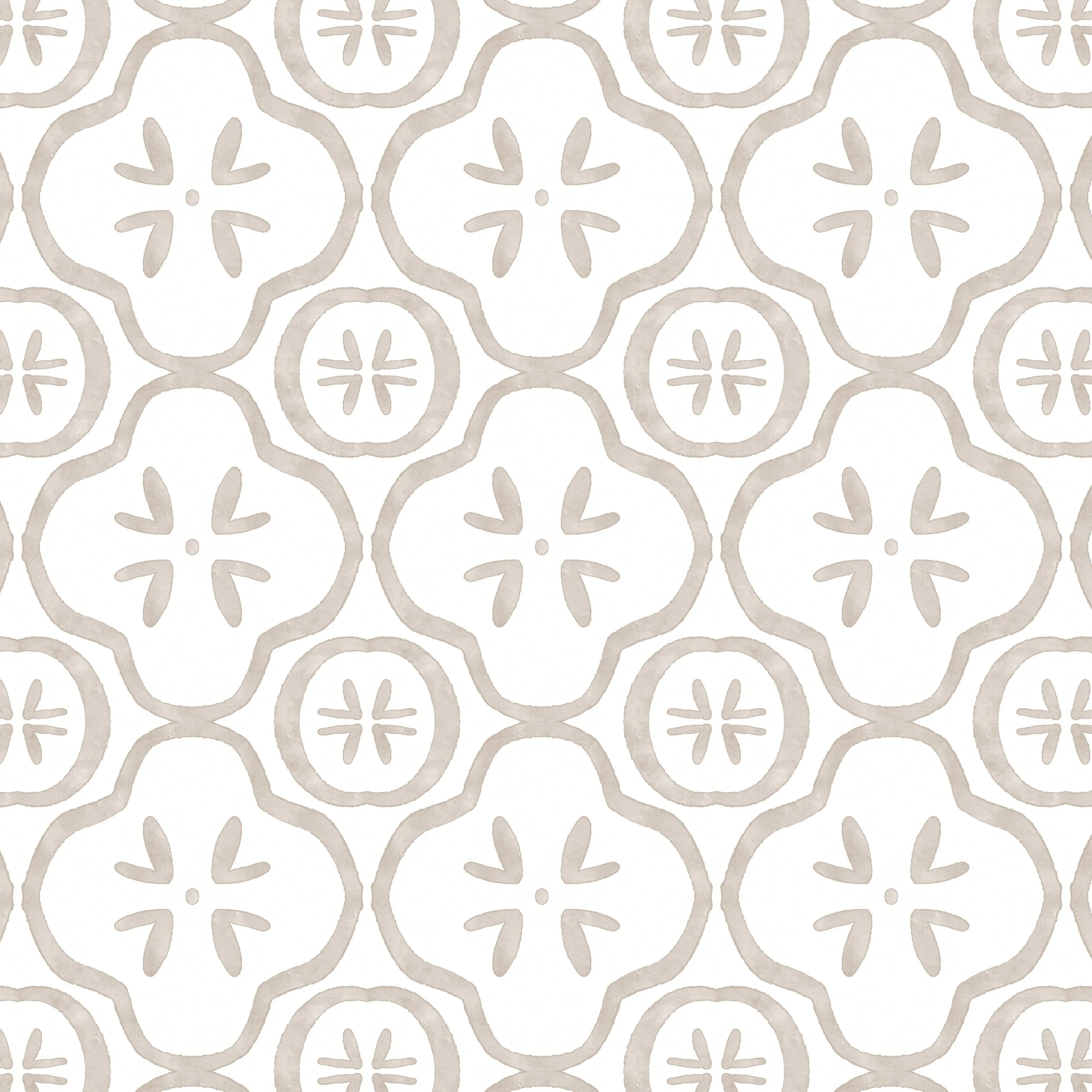Original neutral Portuguese tile wallpaper featuring hand painted beige watercolor azulejo motifs in a classic geometric repeat.