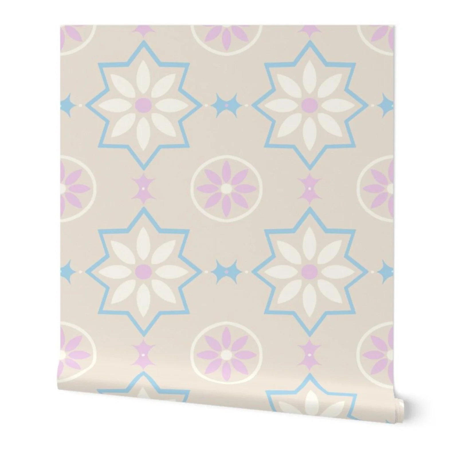 Pastel Moroccan Star Floral Faux Tile Wallpaper