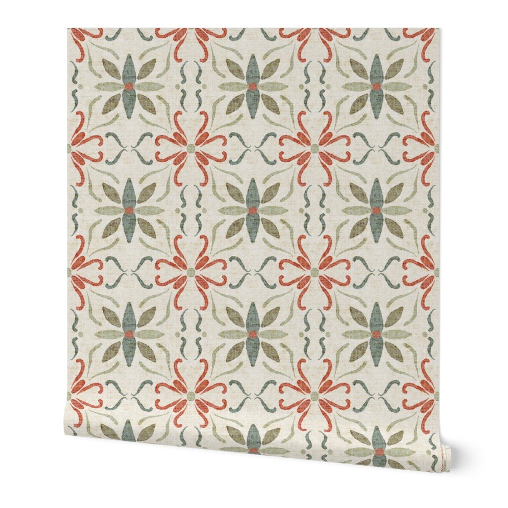 Rust and olive Mediterranean tile peel and stick wallpaper roll featuring a hand painted Portuguese azulejo watercolor pattern.