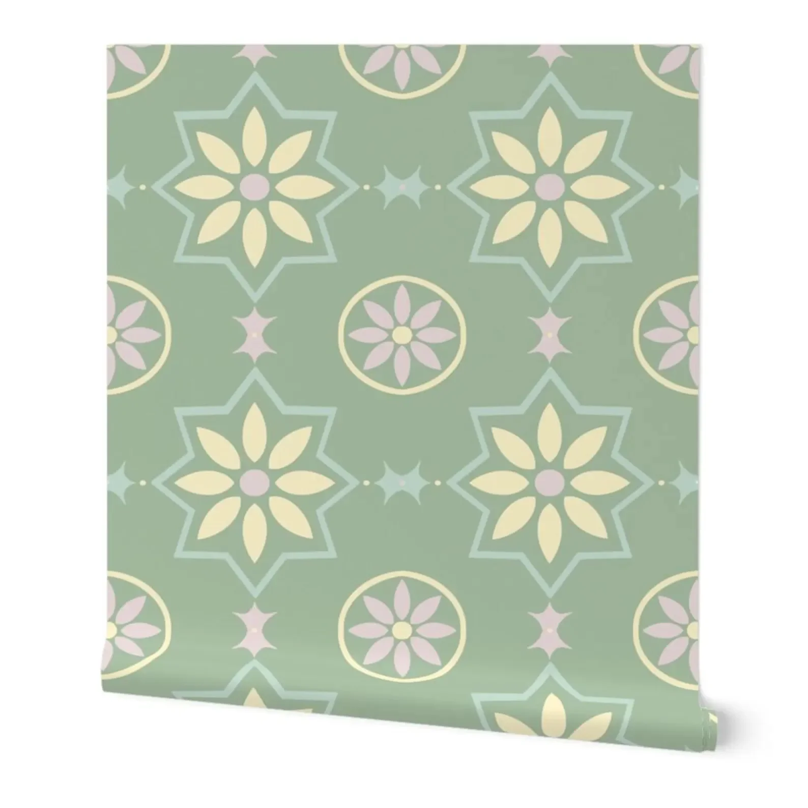 Green and Yellow Moroccan Star Floral Faux Tile Wallpaper