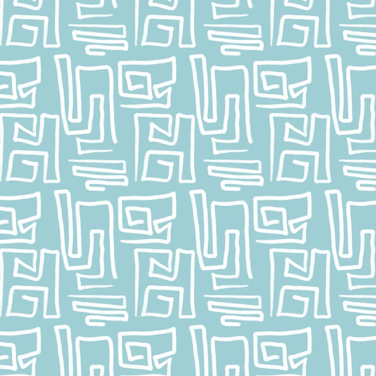Sky Blue Line Maze Freeform Abstract Geometric Mudcloth