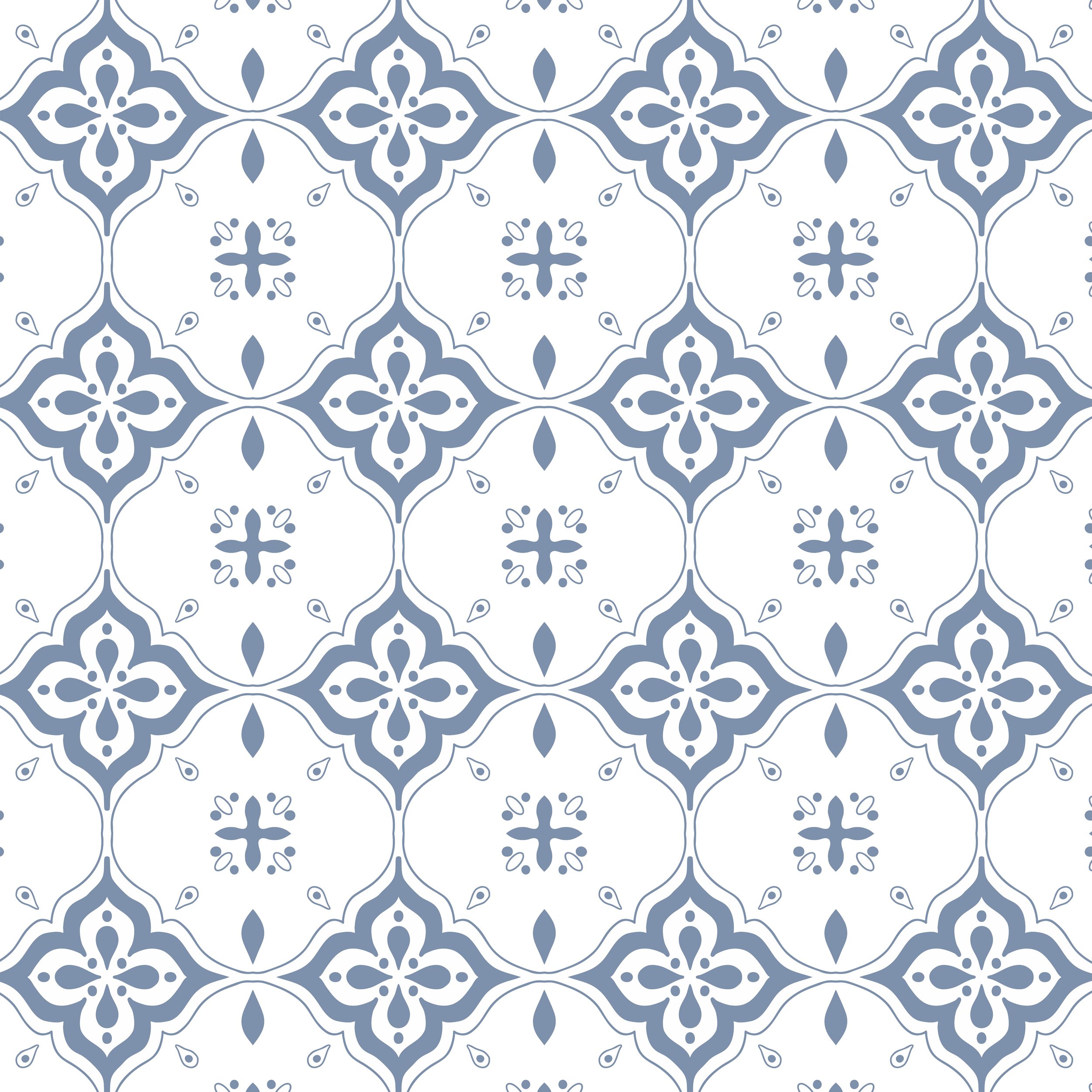 Original dusty blue Portuguese tile wallpaper featuring hand painted geometric floral motifs inspired by traditional ceramic tiles.