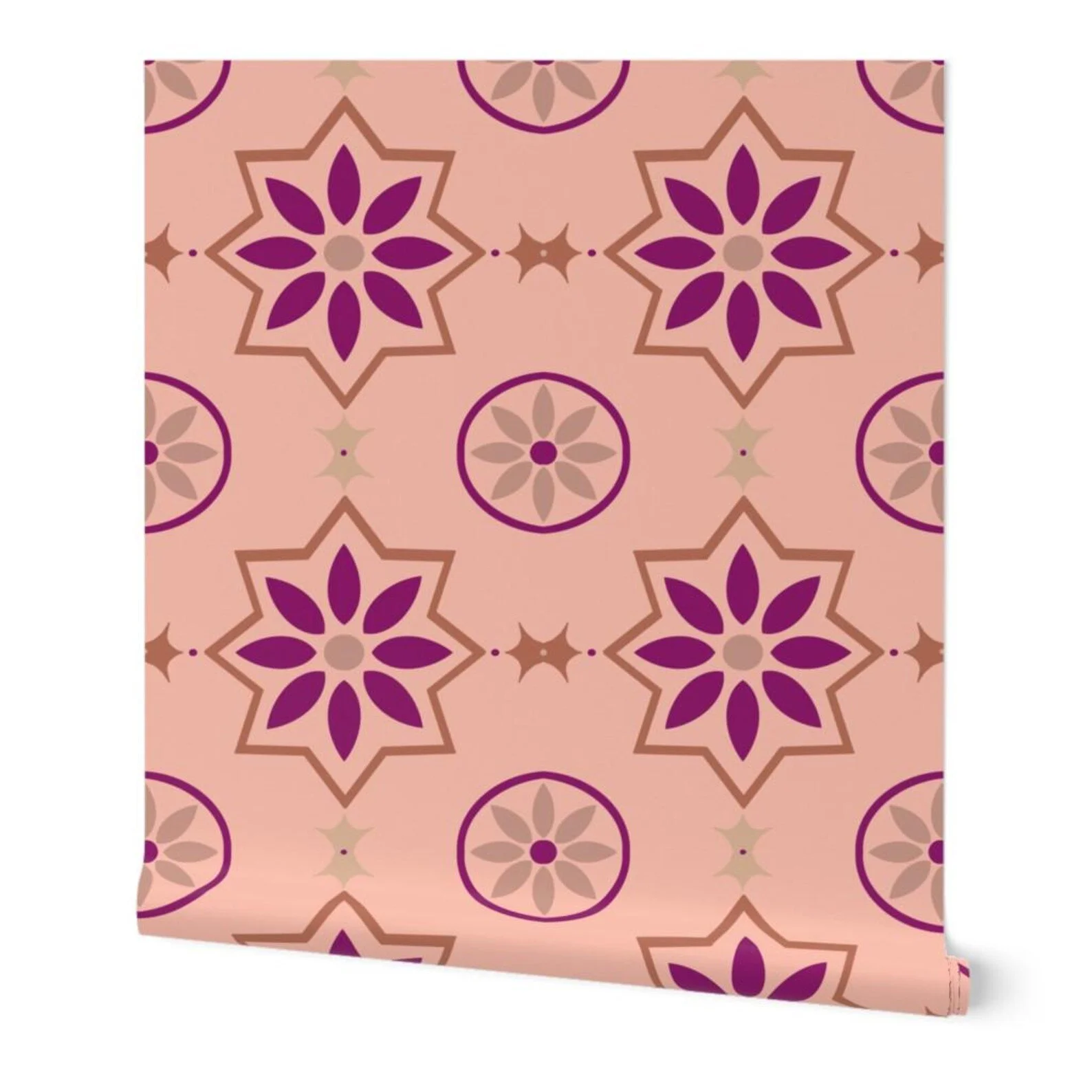 Pink Terracotta and Mauve Moroccan Star Floral Faux Tile Wallpaper