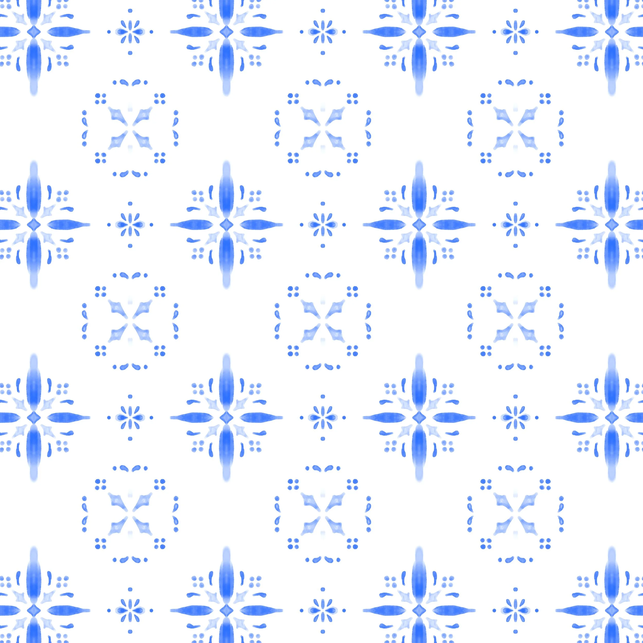 Original blue Portuguese tile wallpaper featuring hand painted watercolor geometric motifs inspired by traditional ceramic tiles.