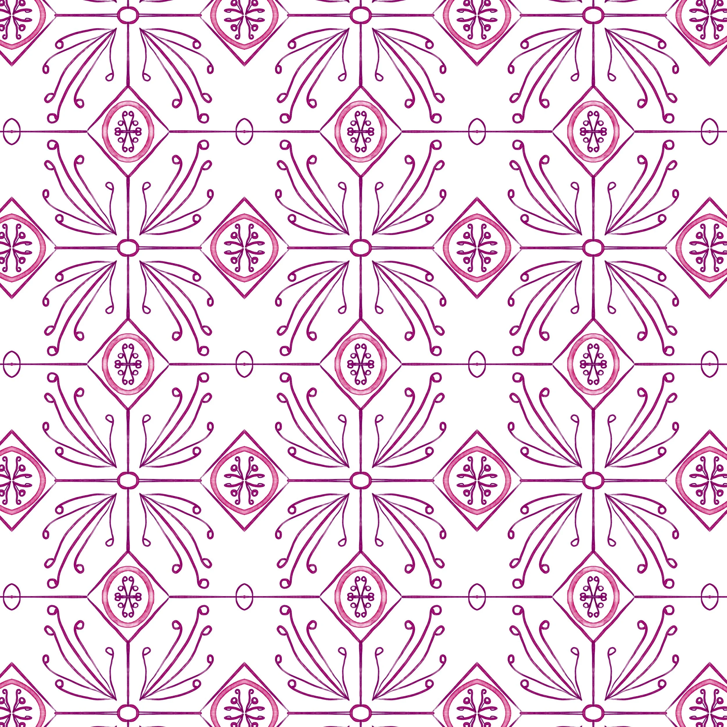 Hand painted Portuguese tile wallpaper featuring a burgundy watercolor geometric floral motif inspired by traditional azulejo ceramics.