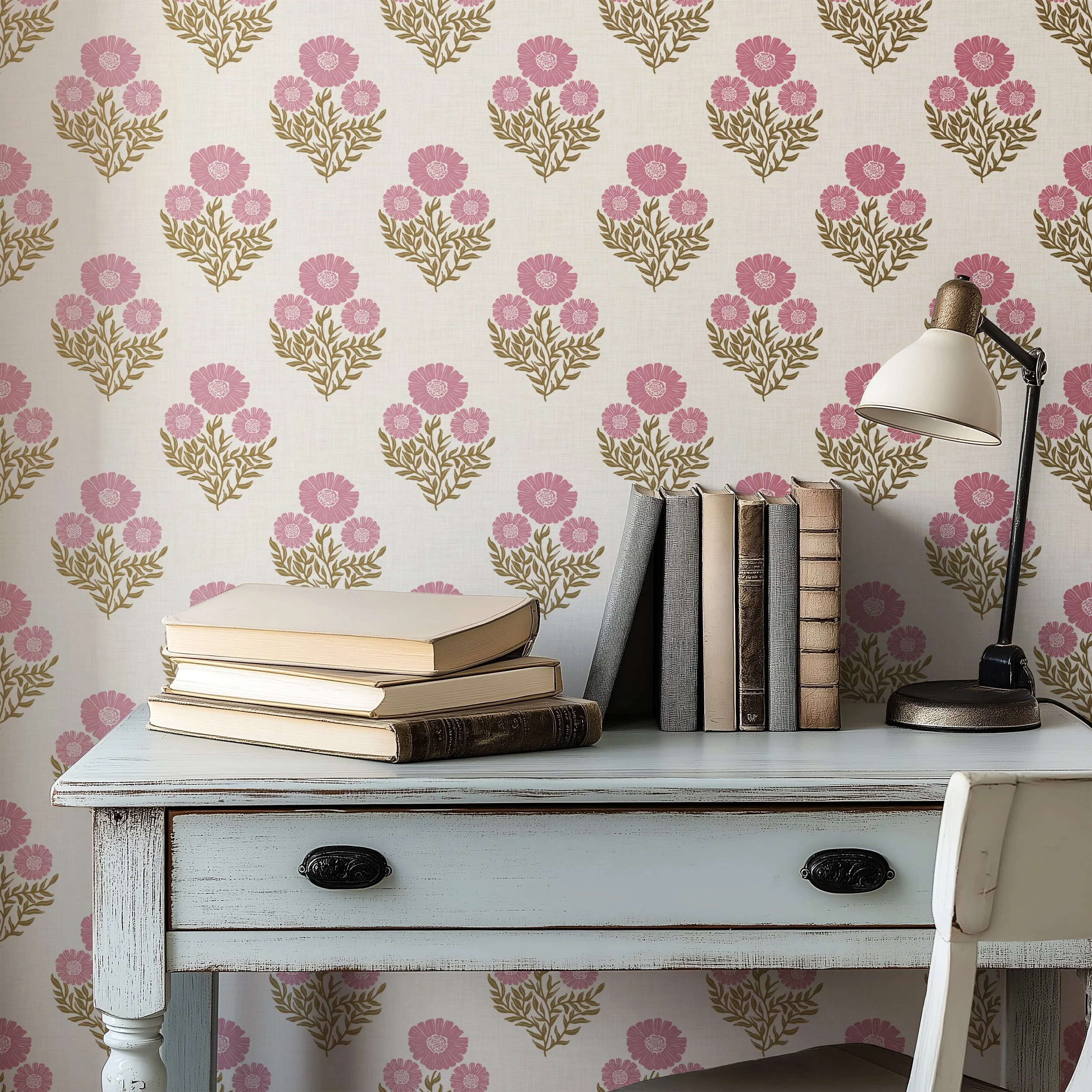 Wallpaper Mockup behind desk Wallpaper in Primrose Pink - Pale Brown Wood Block Print Folk Floral Botanical Linen