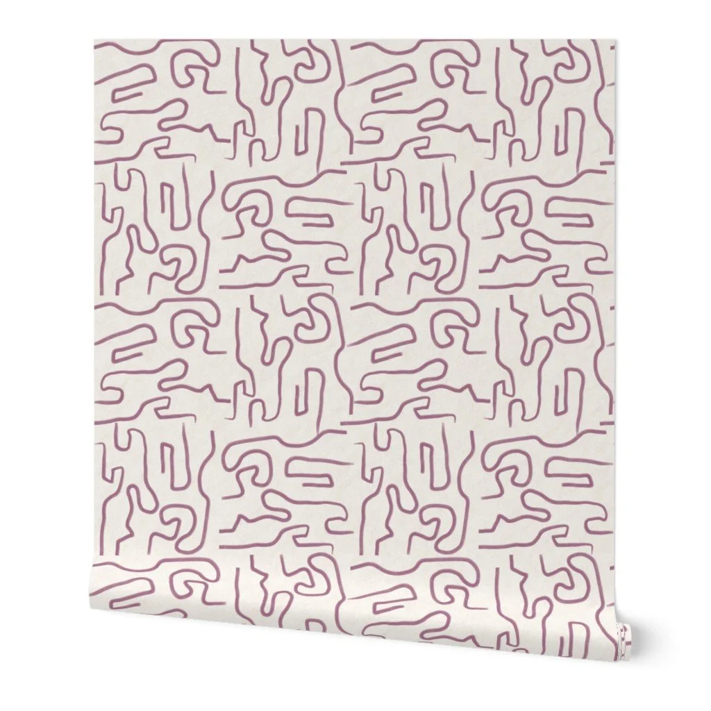 “Roll of wallpaper featuring abstract mauve linework in a free-form maze style on a light neutral background.”