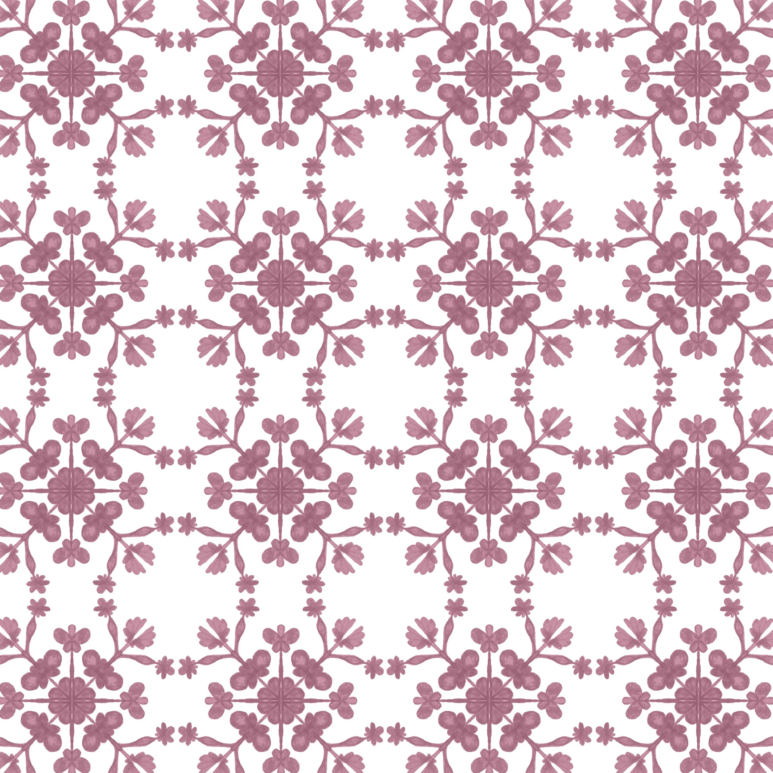 Original mauve Portuguese inspired tile wallpaper featuring hand painted floral ceramic motifs in a seamless geometric repeat.