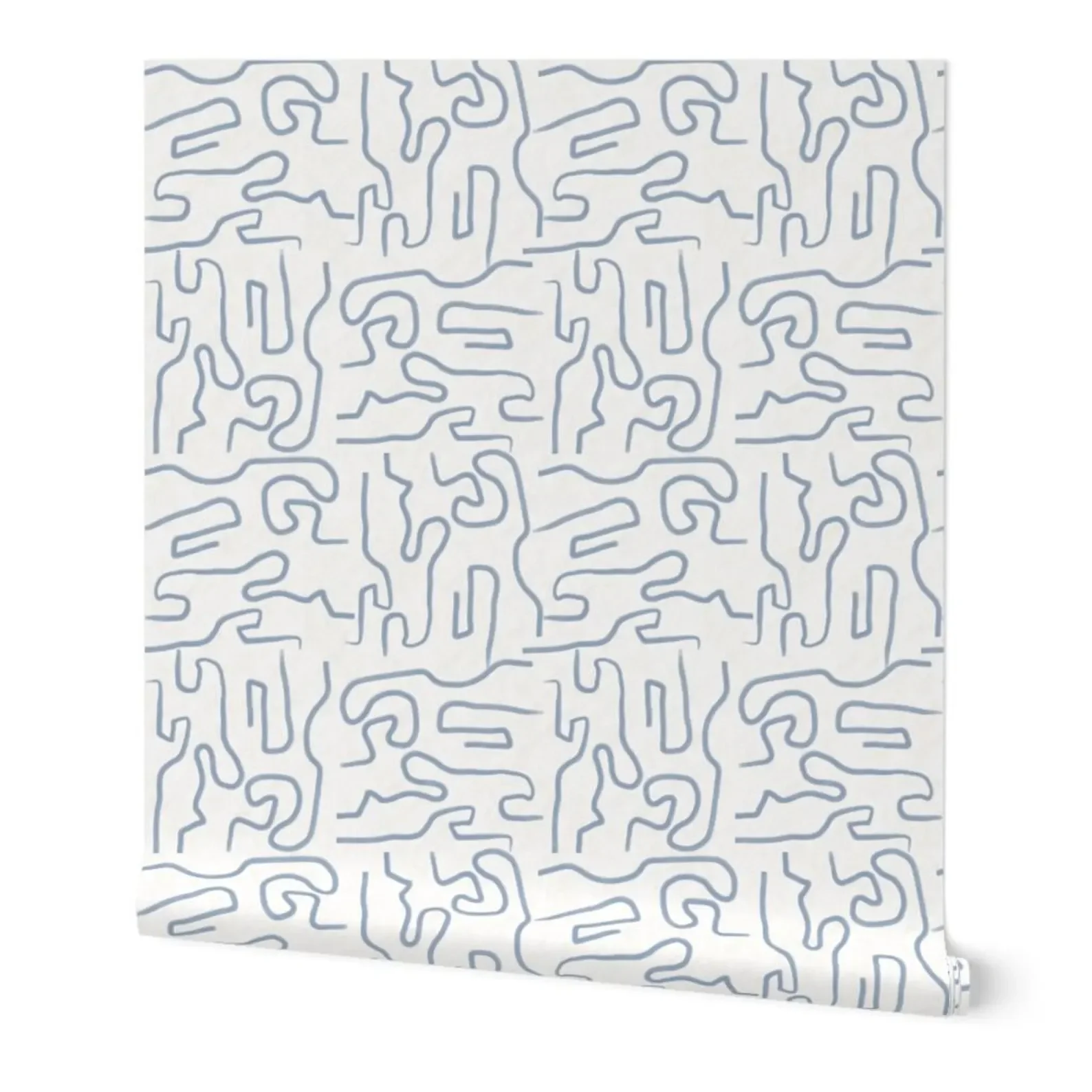 “Roll of wallpaper featuring abstract blue linework in a free-form maze style on a light neutral background.”