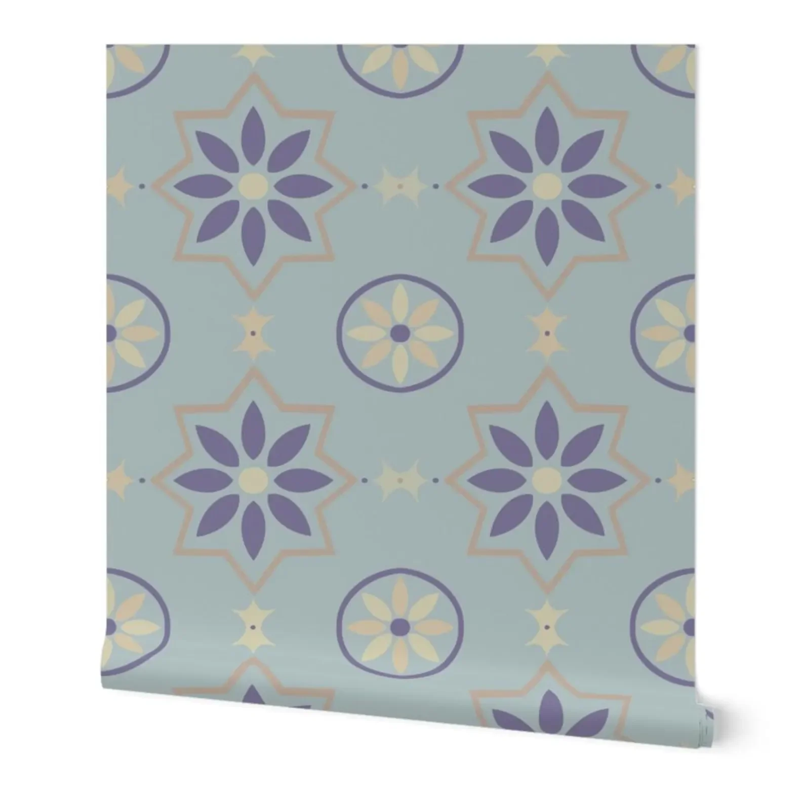 Grey Blue and Cream Moroccan Star Floral Faux Tile Wallpaper