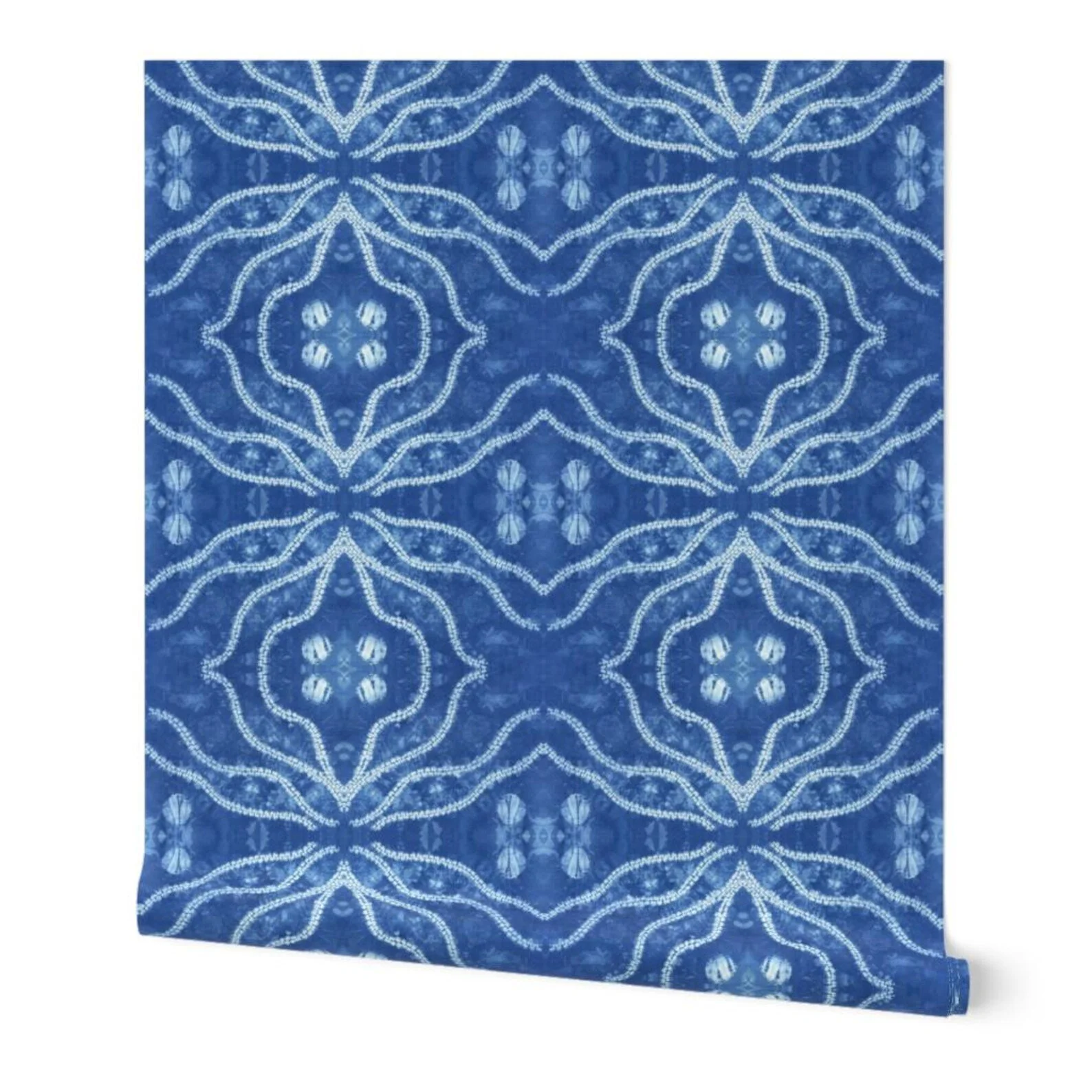 Sample of Indigo Blue Denim Stitched Shibori Coastal Quatrefoil Wallpaper