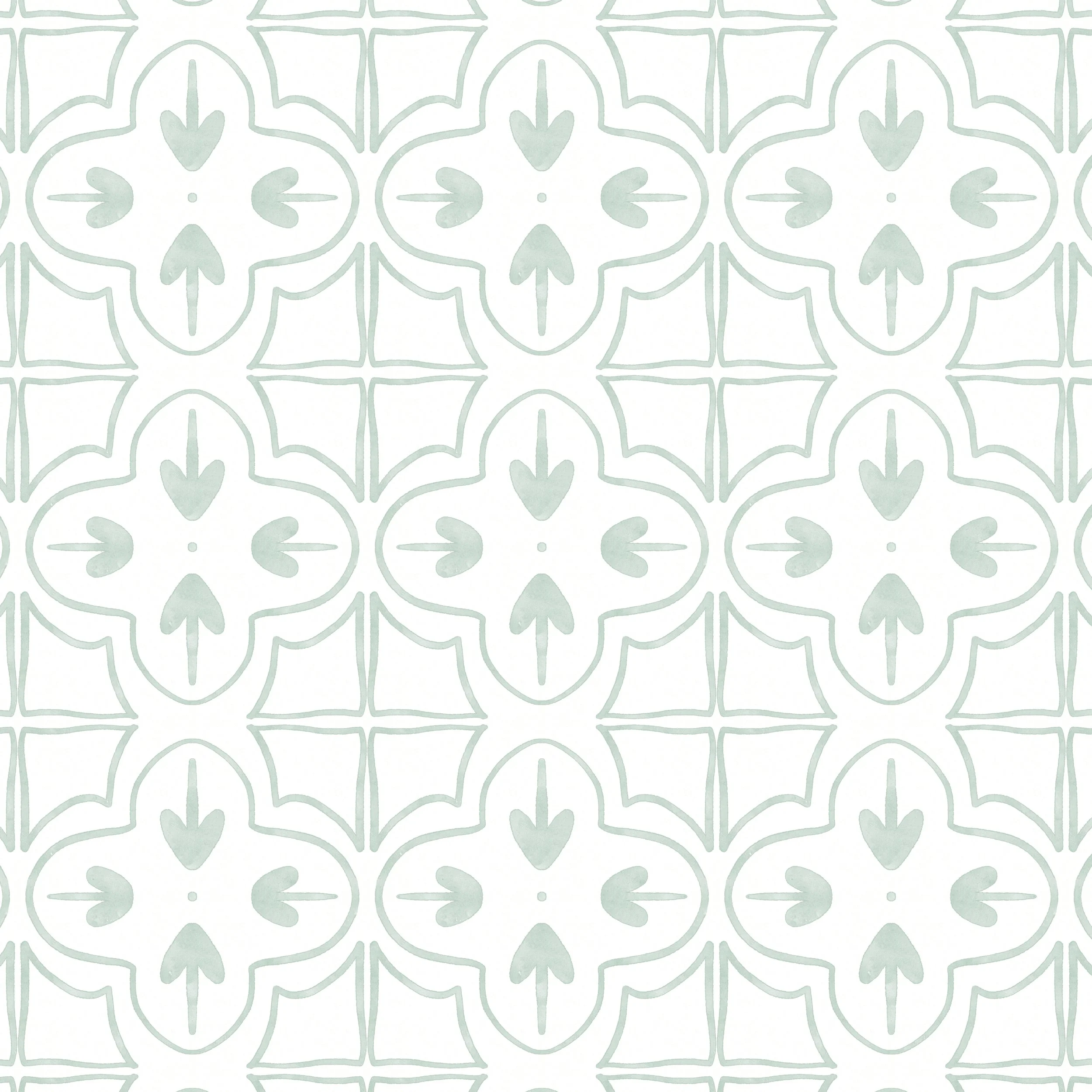 Original sage green Portuguese tile wallpaper featuring hand painted watercolor azulejo motifs in a timeless geometric repeat.