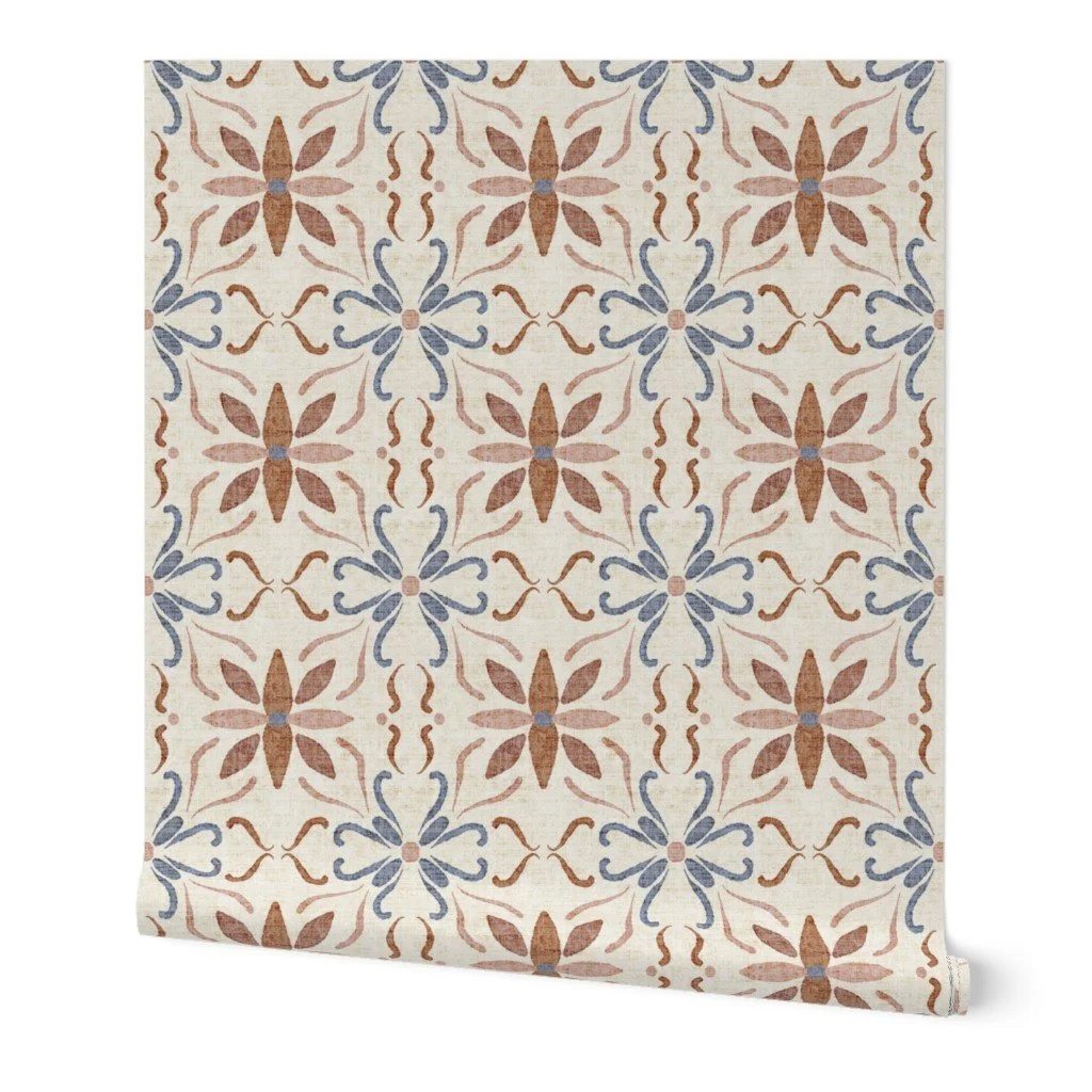 Terracotta and dusty blue Mediterranean tile peel and stick wallpaper with a hand painted Portuguese azulejo pattern.