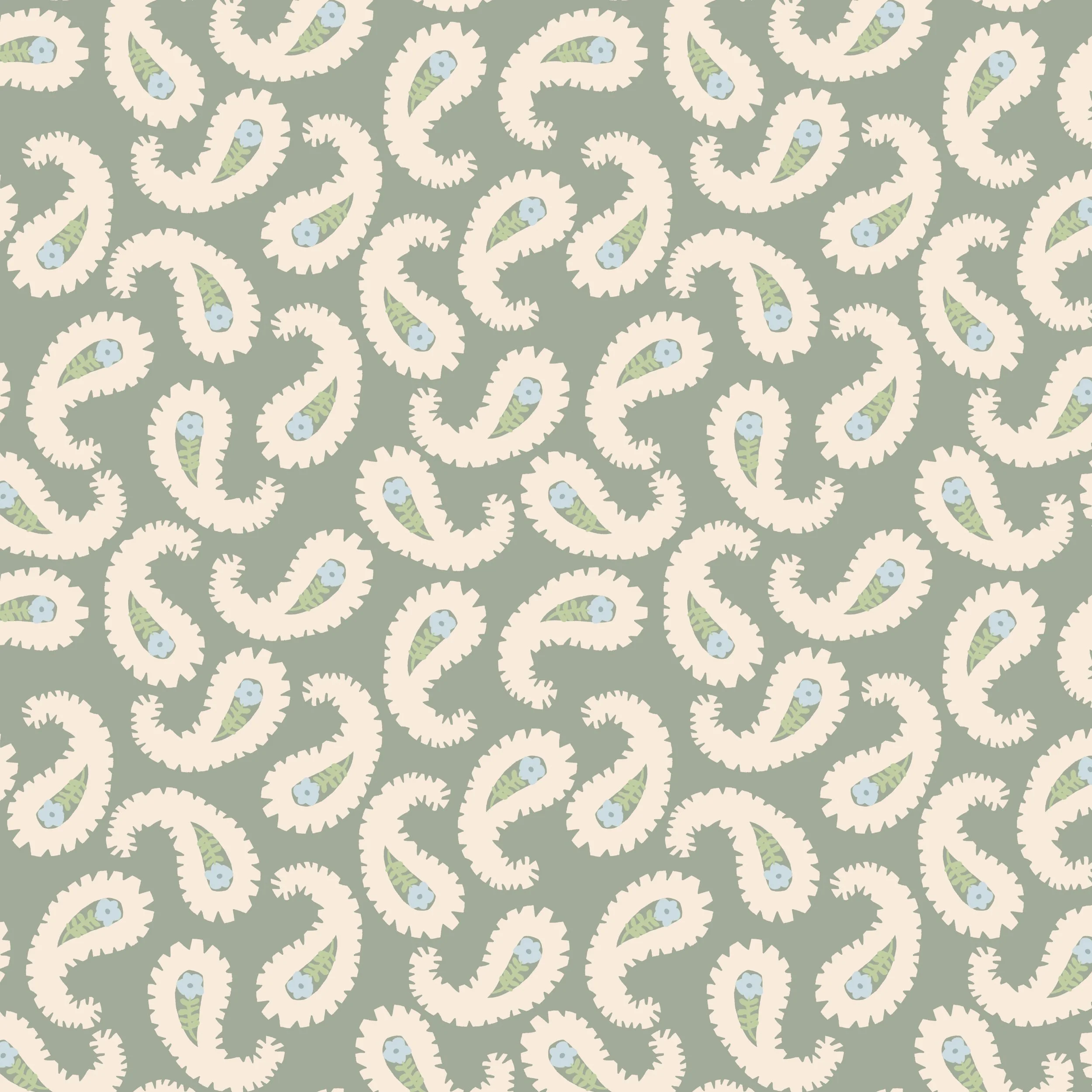 Sage Green Classic Retro Bohemian Novelty Paisley Floral
