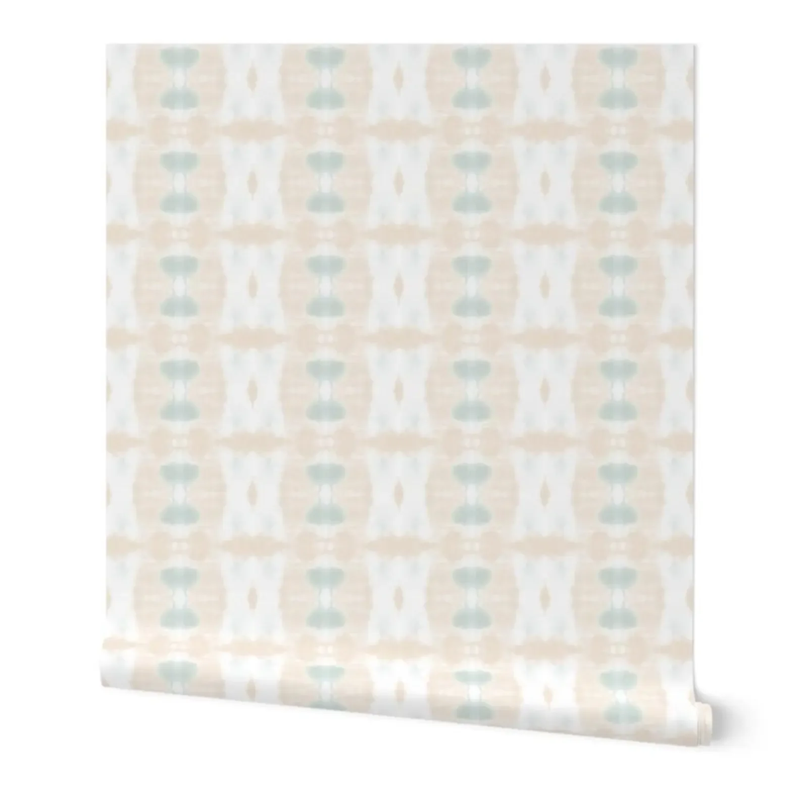 Seafoam Green and Sandy Beige Abstract Linen Textured Stripes Wallpaper rolled on one side