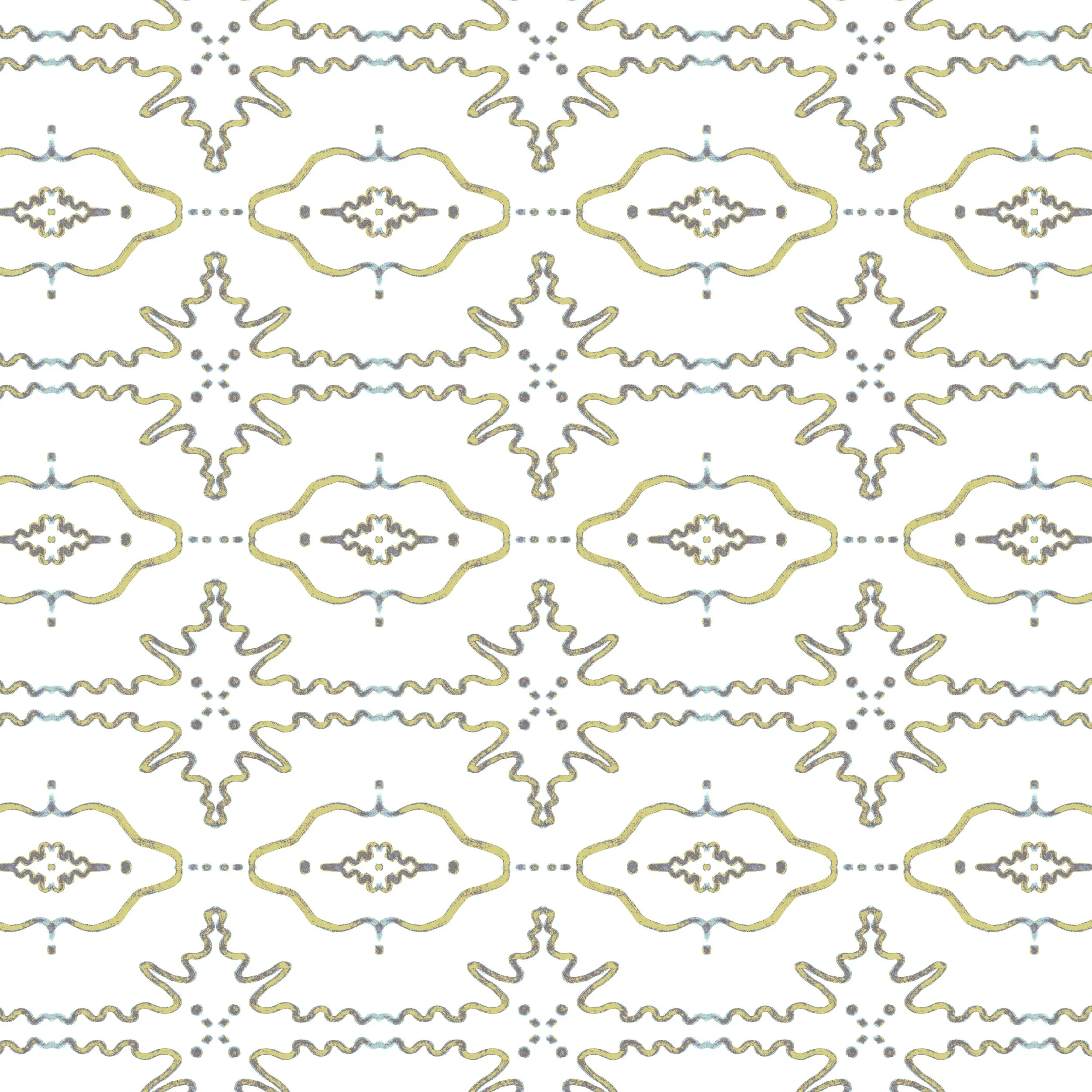 Original hand painted Portuguese inspired tile wallpaper featuring delicate gold and gray ornamental motifs in a timeless repeating pattern.