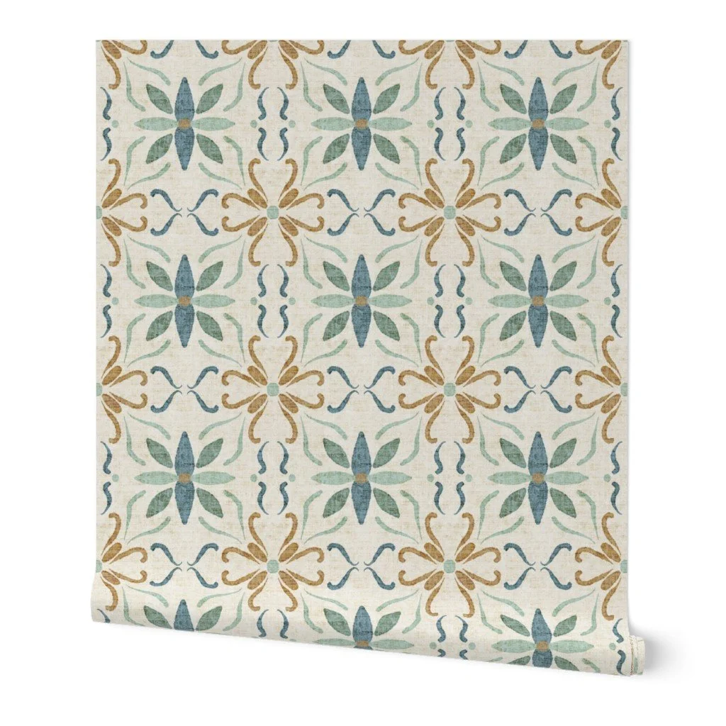Blue and green watercolor Mediterranean tile wall covering inspired by Portuguese azulejos with a hand painted ceramic look.