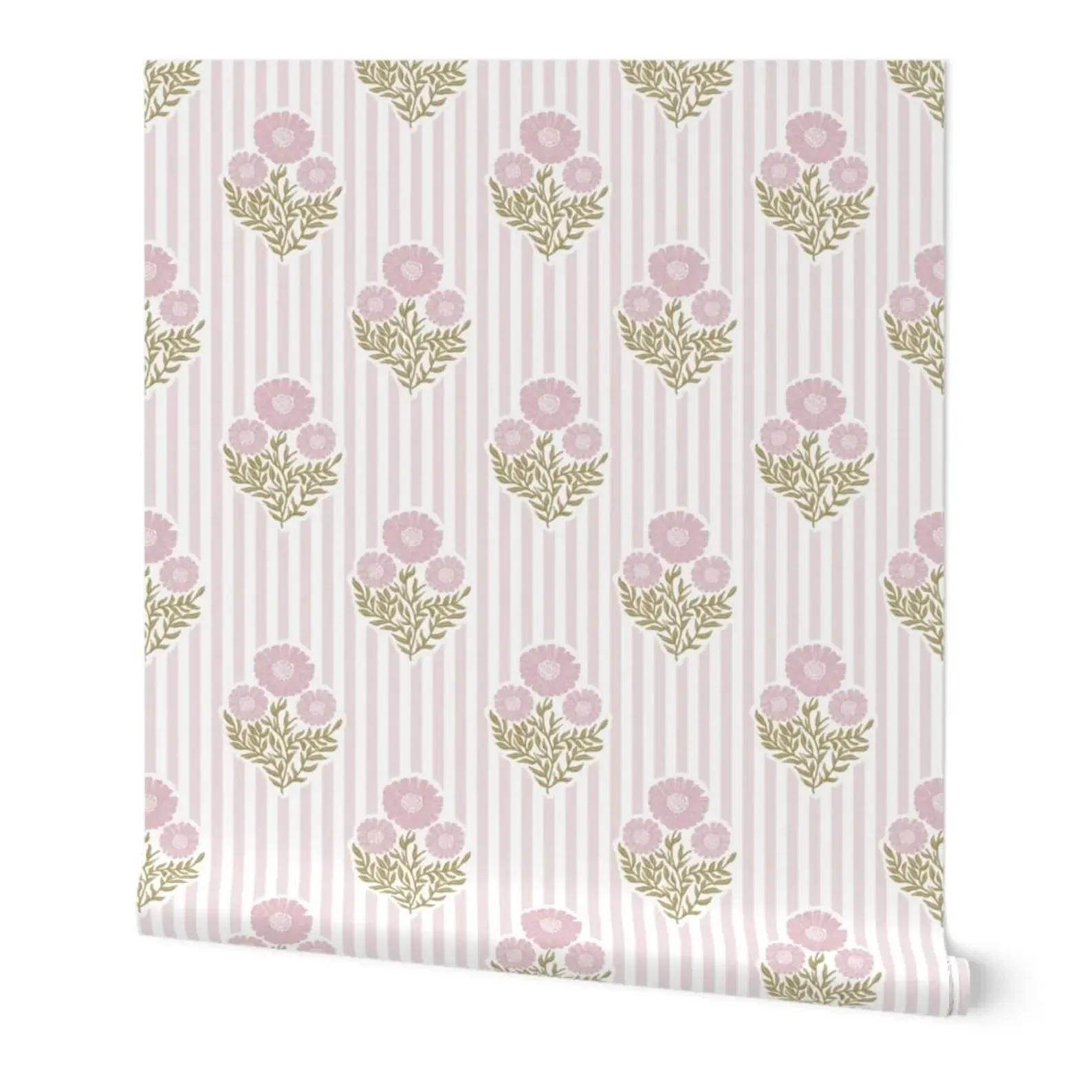 Sample Roll Soft Pink Floral Stripe Cottagecore Vintage Botanical Wallpaper