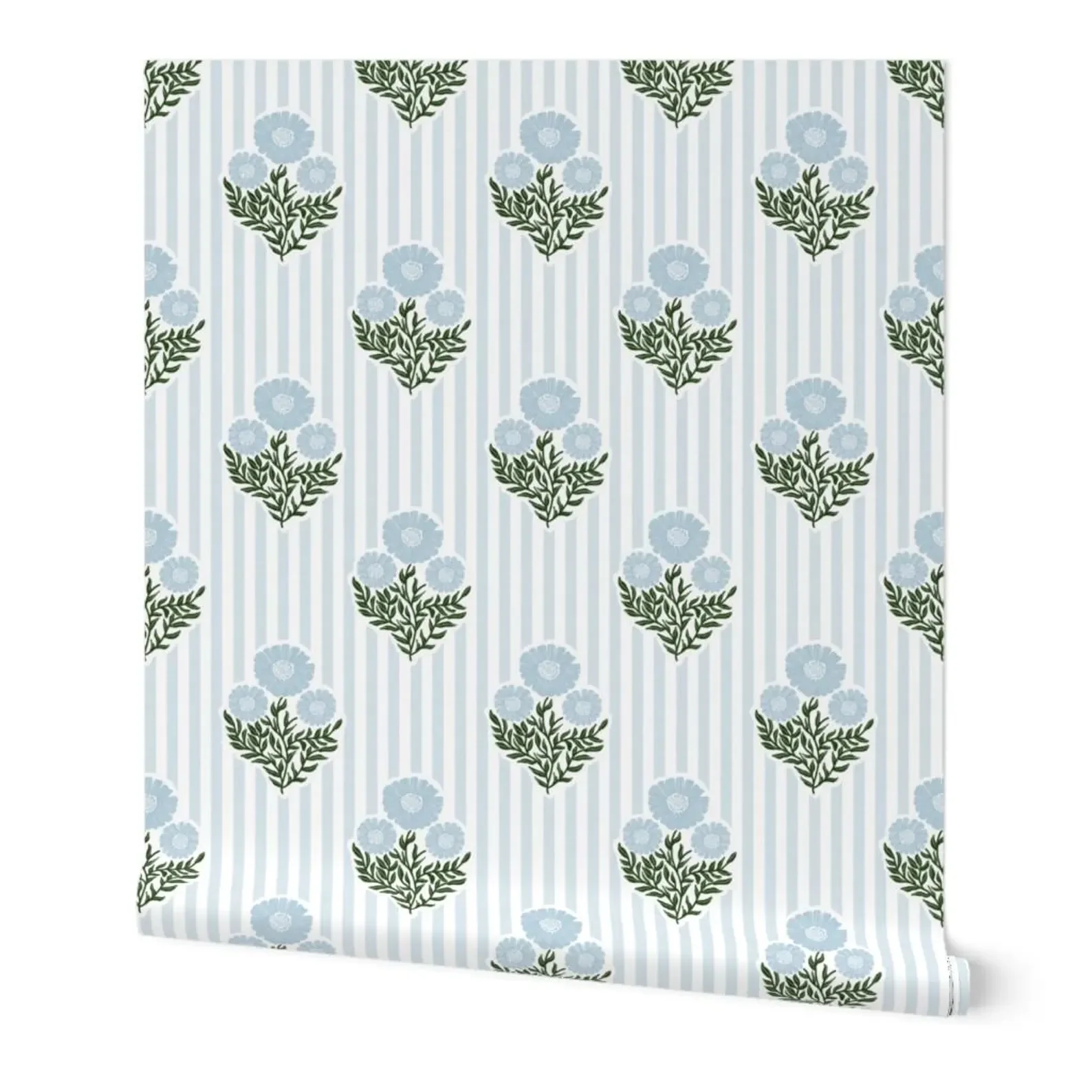 Sample Roll Powder Blue Floral Stripe Cottagecore Vintage Botanical Wallpaper
