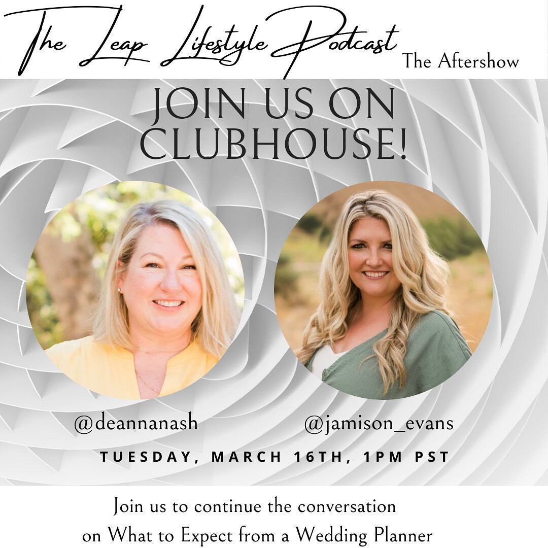 Tomorrow on Clubhouse: Planner and Wedding Educator Jamison Evans @jamisonevents and I will be chatting about What to Expect from a Wedding Planner. Join us live at 1 pm PST to continue our conversation from the podcast!