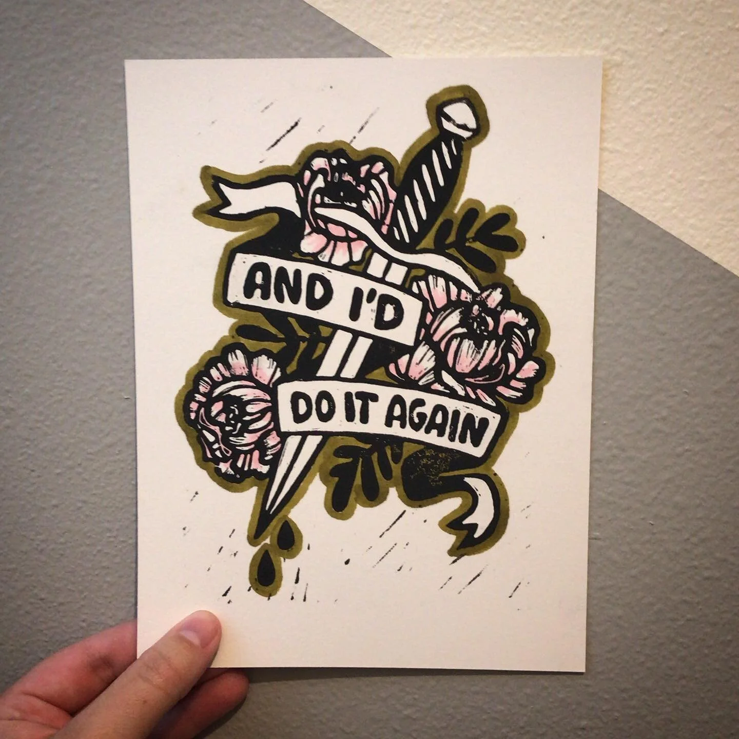 My linocut experiment didn't work for fabric but it did make a fun print. Played around with some copic markers for a little pop of color. How do we feel about these?