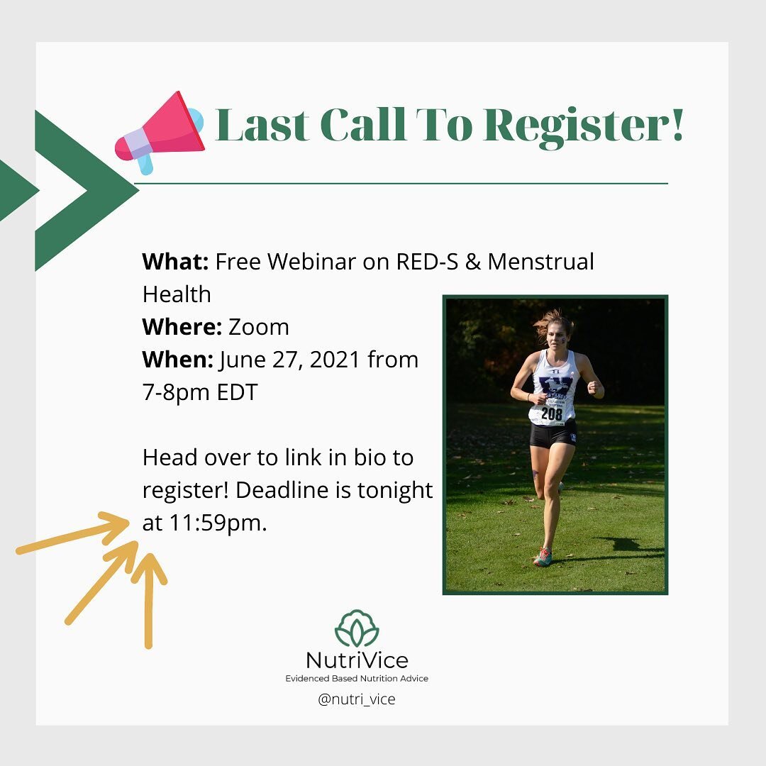 Last call to register for the free webinar on RED-S &amp; Menstrual Health which is taking place this Sunday June 27 from 7-8pm EDT (Toronto Time).⁣
⁣
Thanks so much to those who have registered so far, I am really looking forward to sharing what I k