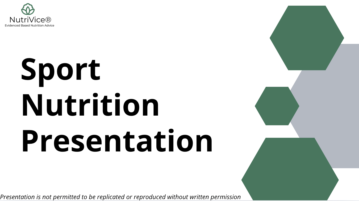 Slide titled 'Sport Nutrition Presentation' with a logo of NutriVice in the top left corner, and green and gray hexagon graphics on a mostly white background. Small text at the bottom states, 'Presentation is not permitted to be replicated or reproduced without written permission.'