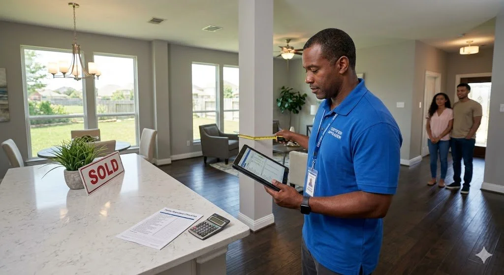A Houston real estate appraiser uses a digital tablet and tape measure to evaluate a modern home's interior value.