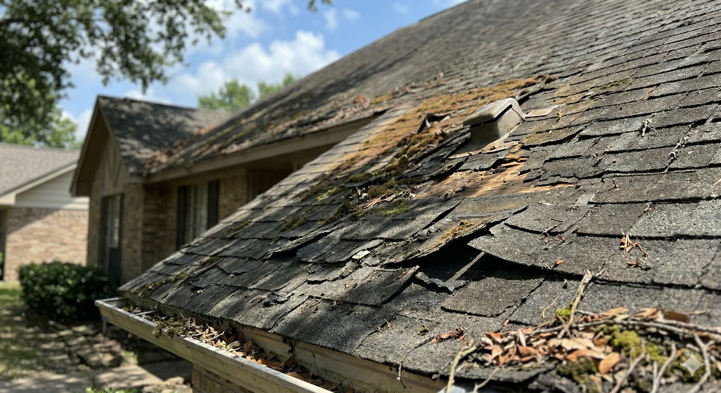 A Houston home with an aging asphalt roof and a for sale sign in the yard, illustrating selling a house as-is in Texas.
