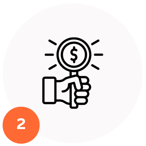 Line drawing of a hand holding a coin with a dollar sign, radiating lines around the coin, on a white circular background with an orange badge numbered 2.