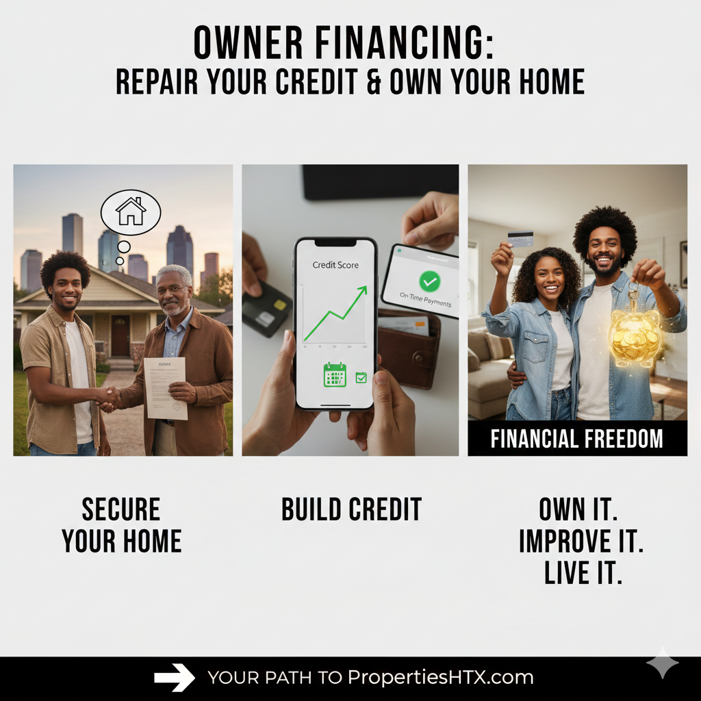 Infographic showing the path from securing a home through owner financing to building credit and achieving financial freedom.