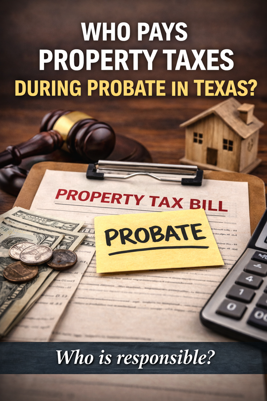 Texas probate paperwork with a house model, tax documents, and gavel showing responsibility for paying property taxes during probate