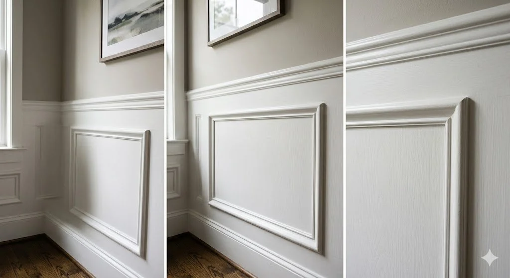 A side-by-side comparison of elegant white picture frame wainscoting on a neutral wall in a Houston home interior.