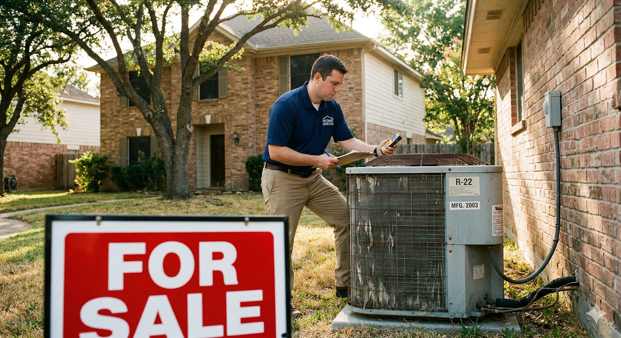 A home inspector examines an old R-22 air conditioning unit outside a Houston house with a for sale sign in the foreground.