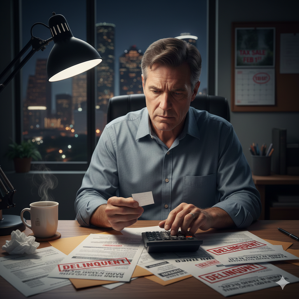 A stressed man at a desk with a calculator reviewing Houston property tax documents stamped with "DELINQUENT" at night.