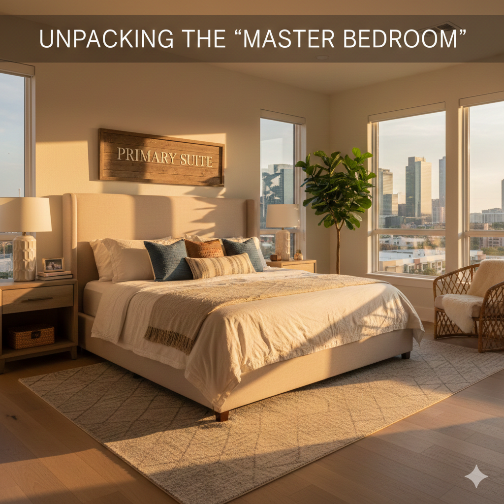 Modern Houston primary bedroom with city views and a sign reading Primary Suite, reflecting updated real estate terminology.